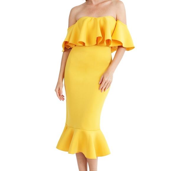 Yellow Ruffle Off Shoulder Dress - Picture 2 of 5